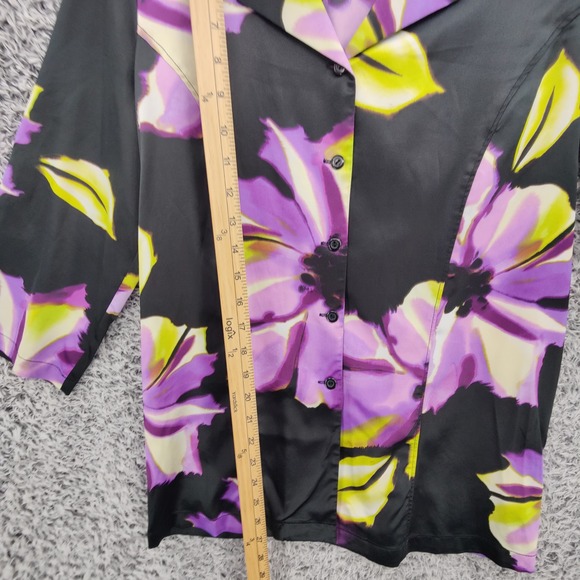 Susan Graver Women Floral Art to Wear Button Down Top M Black Purple 3/4 Sleeve - Picture 3 of 16